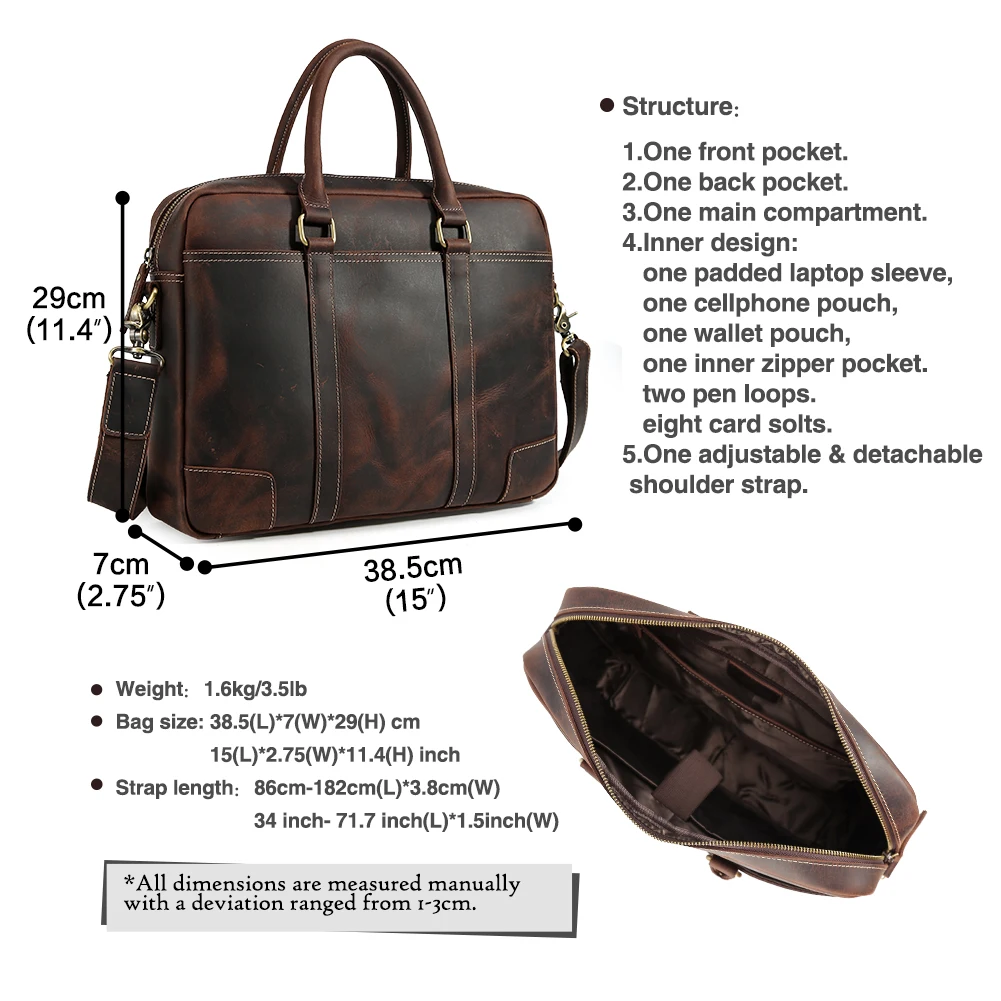 Custom Customization Brand Logo Design Style Men Handmade Men Crazy Horse Genuine Leather Bags Full Grain Cowhide Briefcase