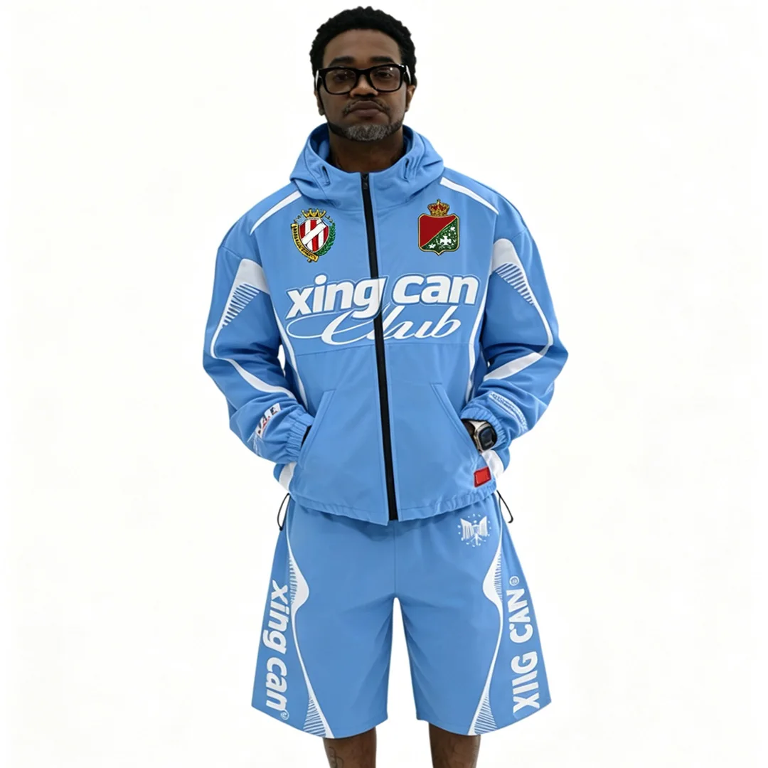 Brugerdefineret to-delts, vindtæt streetwear-tracksuit til mænd med DTG-digitaltryk og brugerdefineret broderet logo – sportstøj fra OEM-fabrik