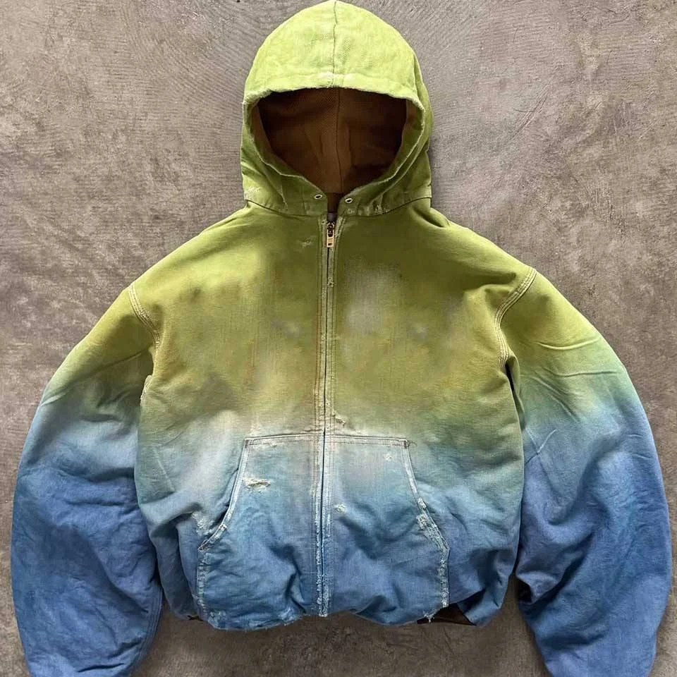 SALATI Custom Factory Gradient Dye Denim Work Jacket for Men Vintage Y2K Button Duck Canvas Hoodie Distressed Boxy Workers gallery 2