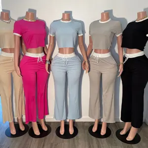 Huili Manufacturer Custom logo Cotton Crop Top T Shirts & Wide Leg Loose Pants Patchwork Two Piece Women's Summer Loungewear Set