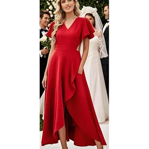 Elegant Long Satin Floor-Length Evening Party for Women Formal Cocktail Wedding Guest Gowns Elegant V-Neck Ruffle Graduation