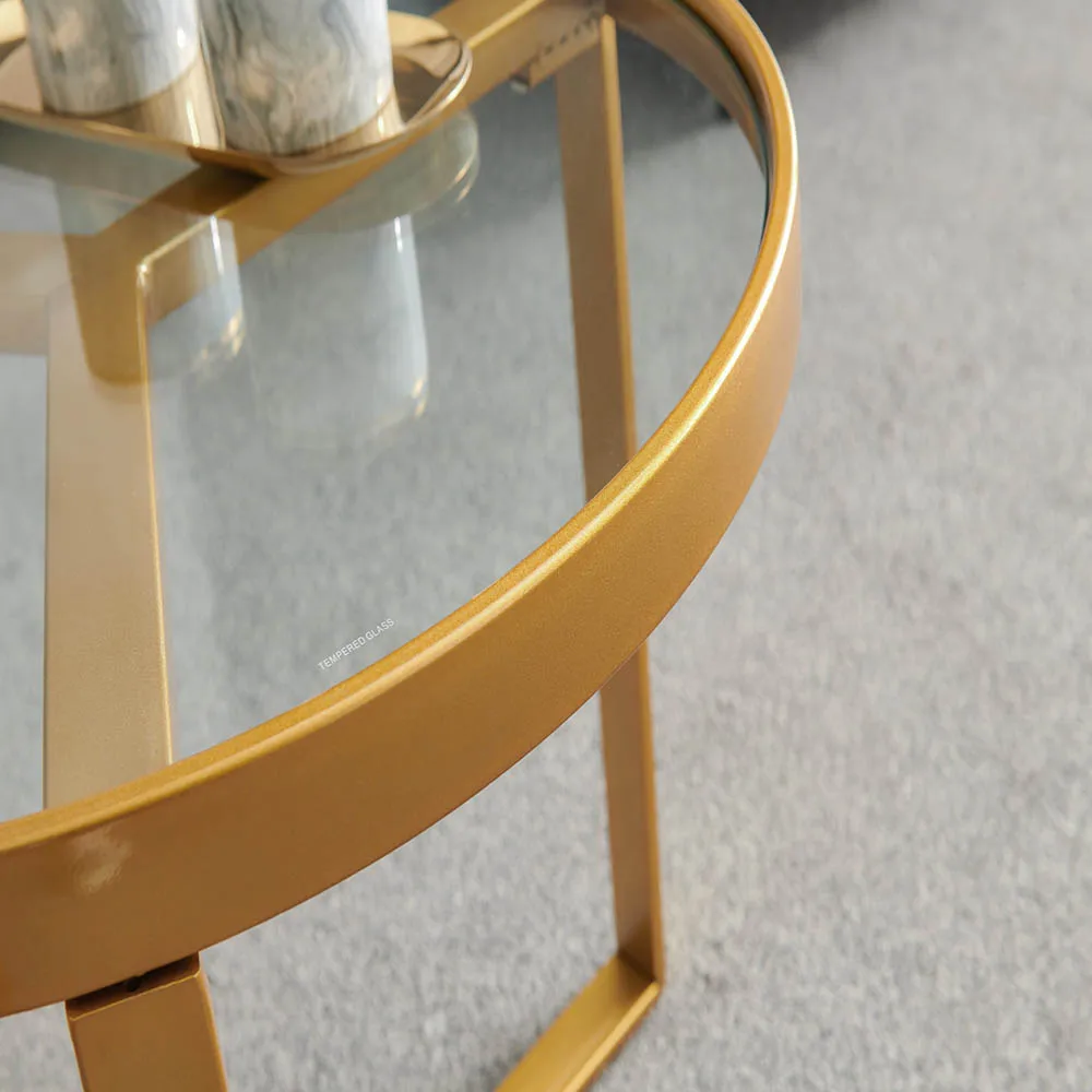 Modern Coffee Table Golden Metal Frame With Round Tempered Glass