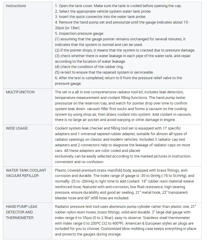 Automotive Water Tank Leak Test Detector And Vacuum Coolant Radiator
