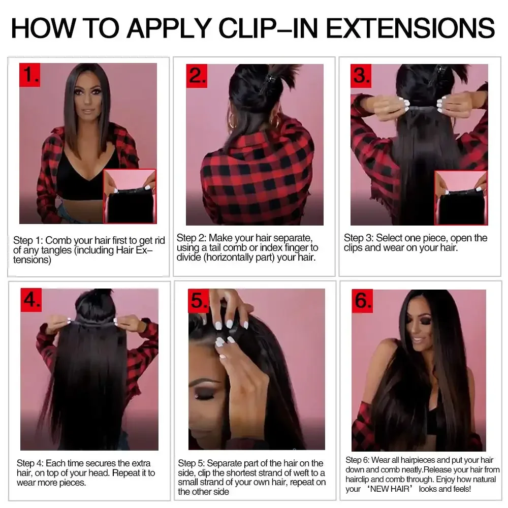 Gerade Clip-In-Haarverlängerungen, Echthaar, brasilianisches Naturschwarz, 10-26 Zoll, Remy-Haar, 120 g_voghion.com