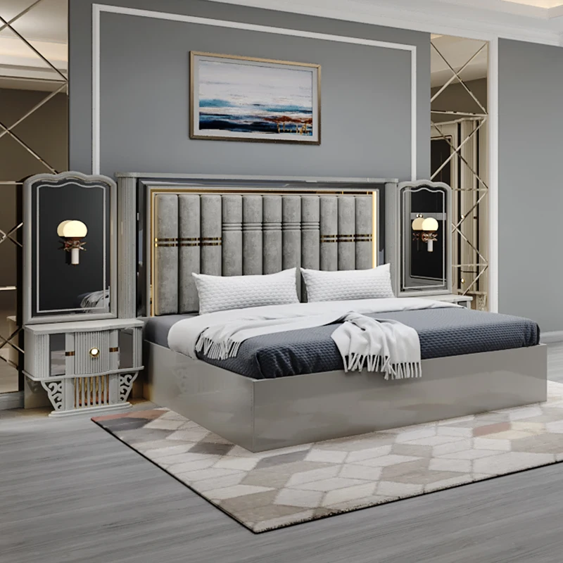 Luxury Modern Wood Double King Size Leather Bed Home Master Room Suite  Wooden Mdf Queen Full Bedroom Furniture Set