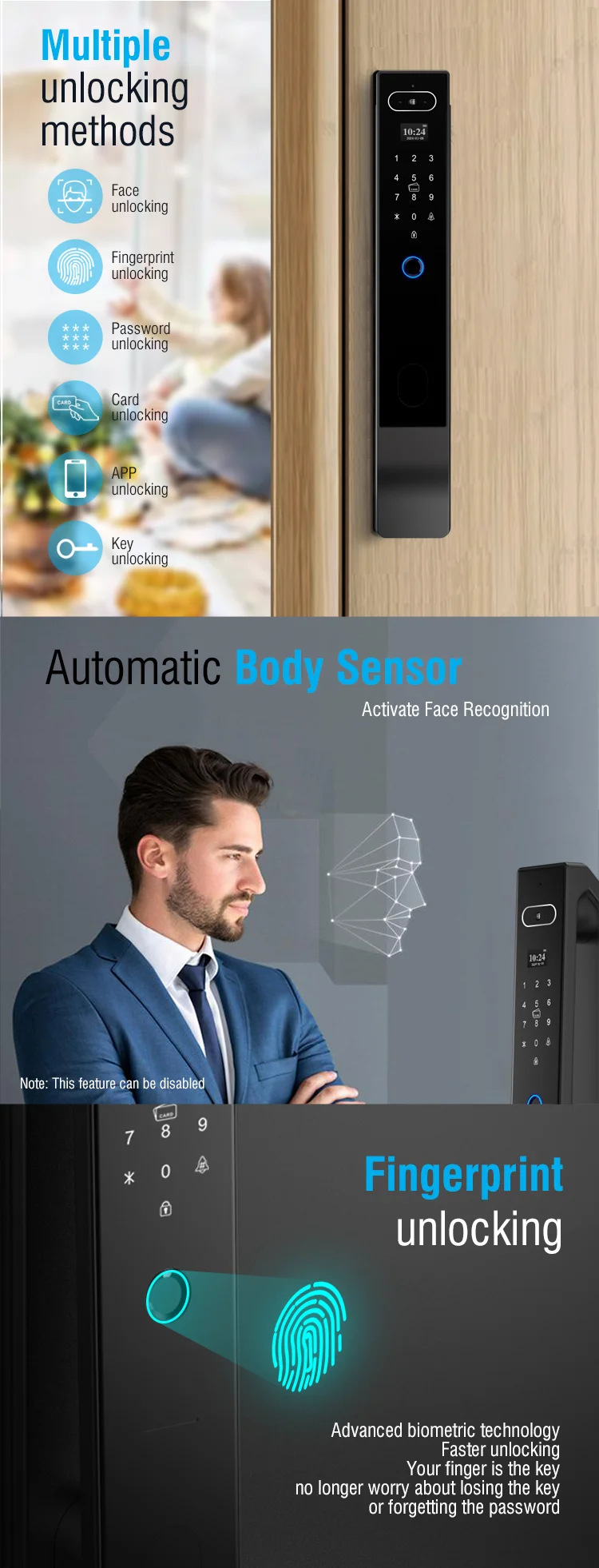 Te'an Smart Electric Digital Door Lock Fingerprint Password Key Card ...