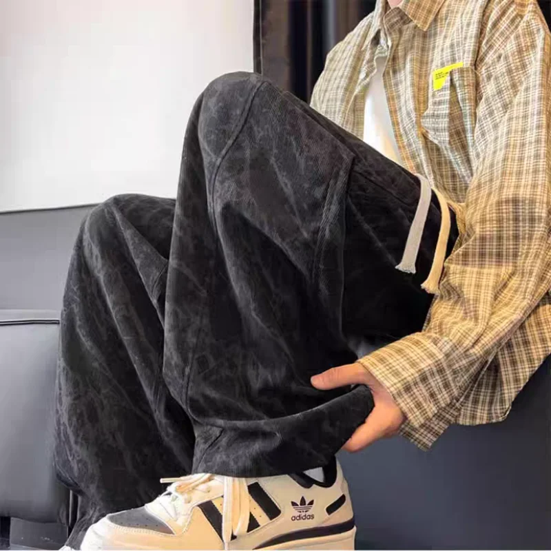 Spot Men's and Women's Fashion Street Hip-hop Casual Loose Spring and Autumn Straight Sports Tie-dye Corduroy Wide-leg Trousers
