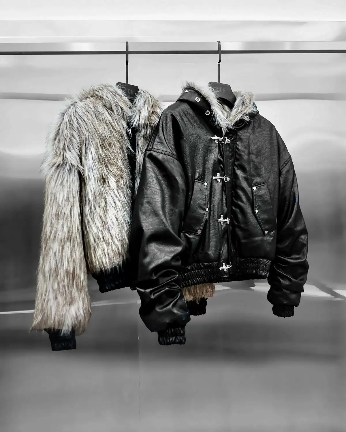 OEM Custom New Fashion High Quality Leather Coat Windproof Winter with Gray Soft Fur Reversible Zip up Streetwear Jacket Unisex gallery 2
