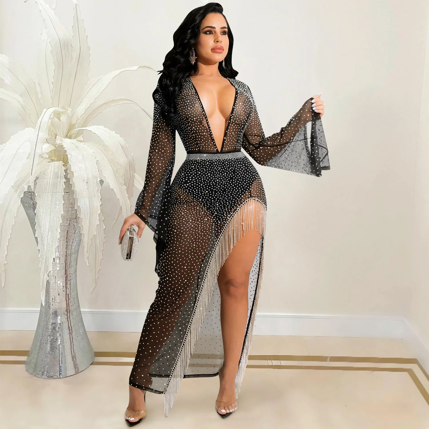 open lace back dress Dark Green See Through Prom Dresses with Sleeves Illusion Neck Party Dresses ARD2498