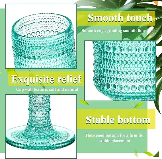 Unique Embossed Pattern High Clear Stemmed Glassware Wedding Party Bar Drinking Cups Green Golden Amber Beads Glasses Cup