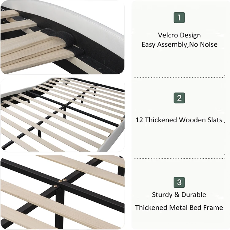 Willsoon Modern Curve Double Upholstered Bed Wooden Faux Leather with LED Headboard Soft and One Package for Home