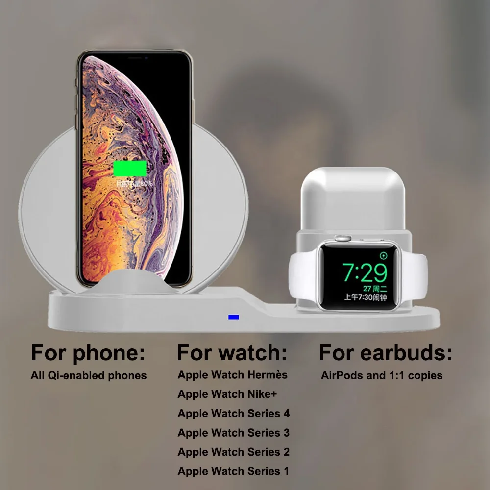 Заводская поставка 3 в 1 Qi 10 Вт Быстрая зарядка Беспроводная зарядная стойка Беспроводная зарядная станция для мобильных телефонов/часов/наушников