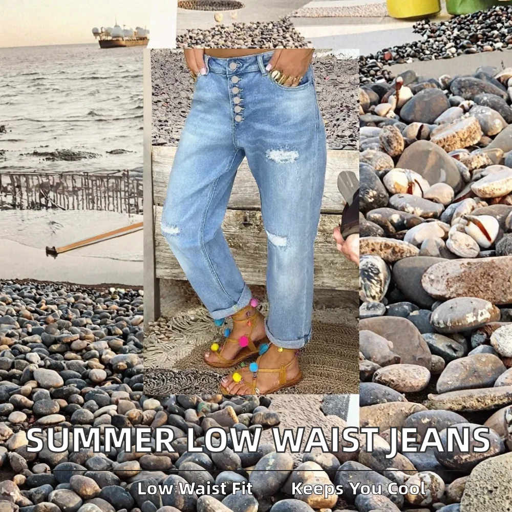 Boutique Wholesale 2025 Summer New Fashionable Breathable Denim Casual Solid Low Waist Loose Slimming Straight Leg Women's Jeans
