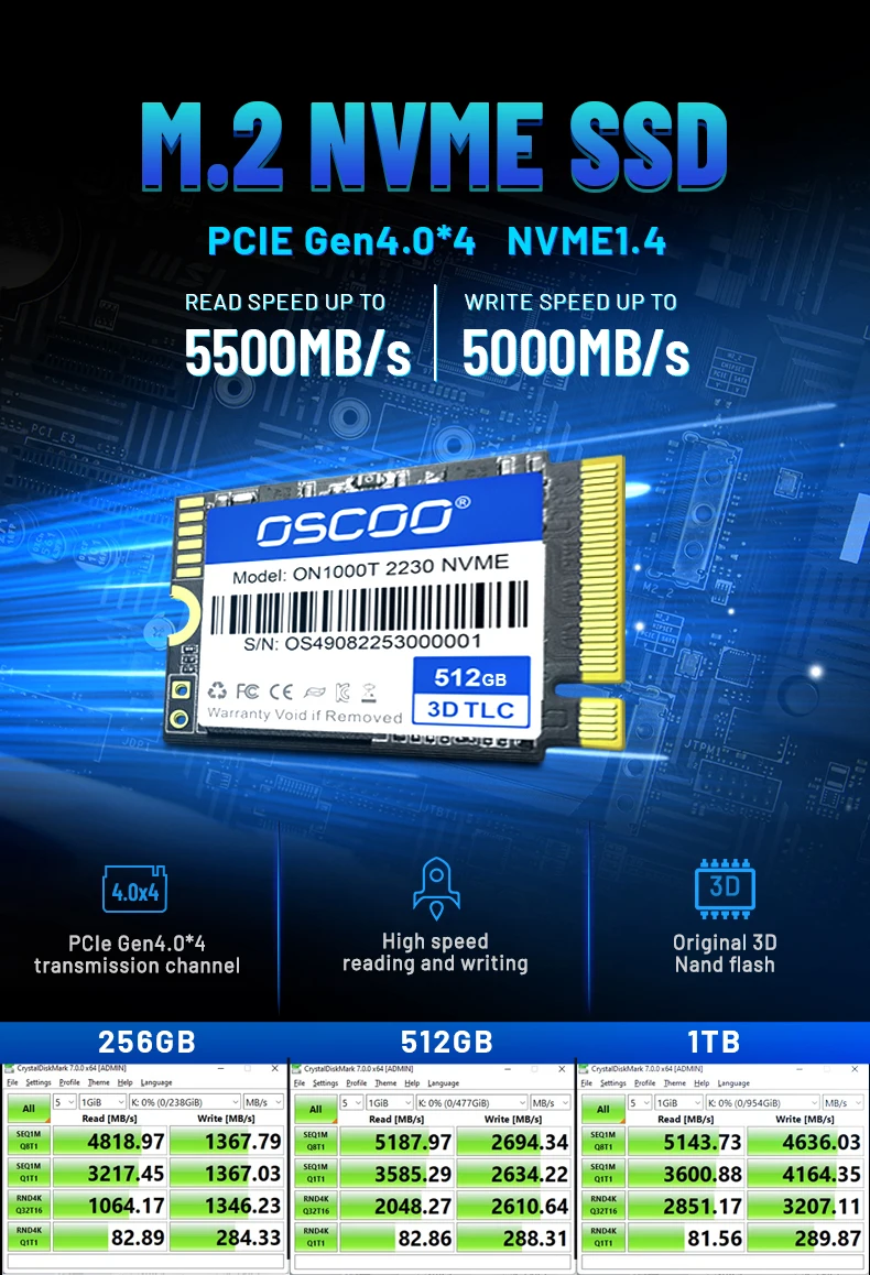 OSCOO 1TB M.2 2230 PCIe 4.0 NVMe SSD - High-Speed 500GB & 2TB