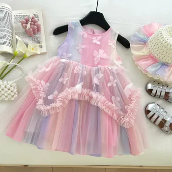 2025 New Summer Stylish Baby Girls Princess Dress for Girls Sweet Mesh Vest Performance with Puffy Crocheted Lace Skirts
