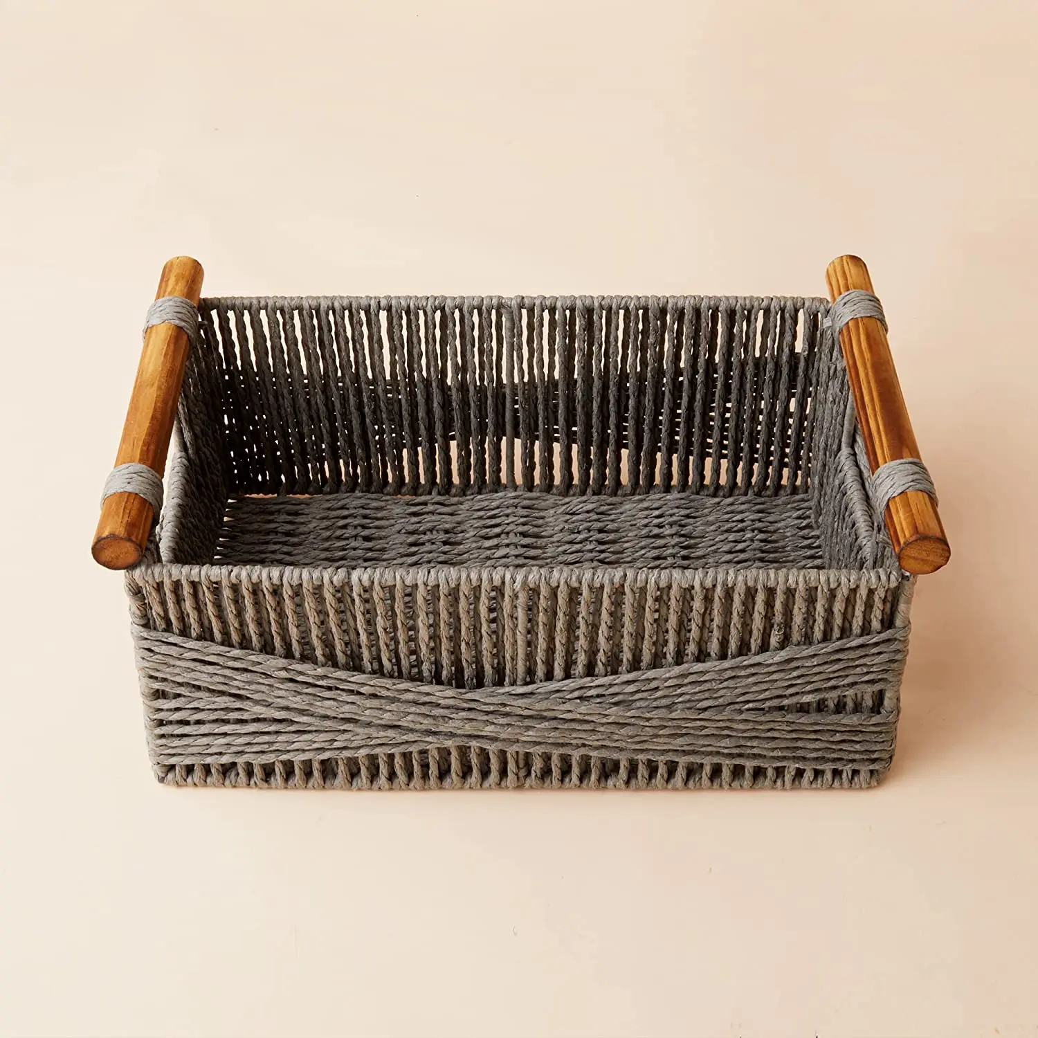 Wicker Storage Baskets for Organizing, Recyclable Paper Rope Basket with Wood Handles, Decorative Hand Woven Basket Organizers