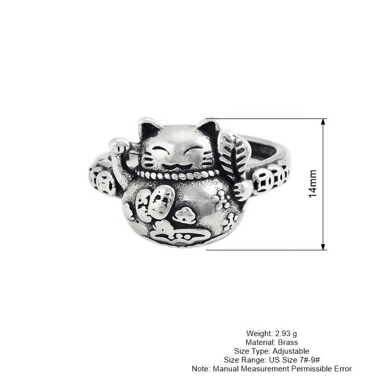 Maneki Neko Chinese Charming Retro Style Antique Silver Plated Lucky Cat Wealth Rings