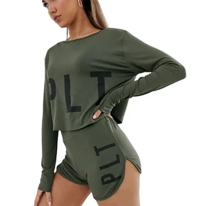 Olive Short Set Nightwear With Long Sleeves Breathable Jersey Round Neck Letter Pattern Pajamas