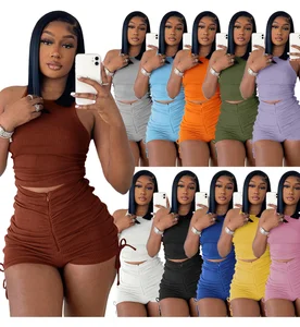 2025 Women's Clothing Fashion Vest Shorts with Pleated Casual Solid Color Custom Women Two Piece Sets