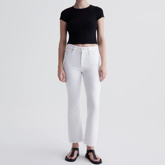 OEM High Rise Cropped Bootcut Jeans for Women Bright White Stretch Denim Pants Embroidery Breathable Design Raw Hem Wholesale