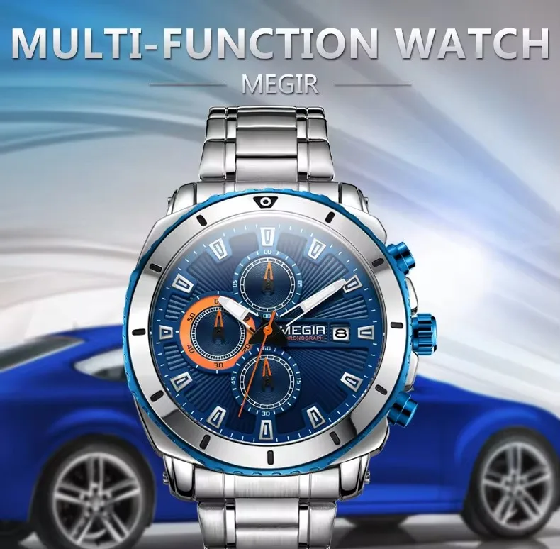 MEGIR 2075 Mens Chronograph Watch Custom Logo Stainless Steel
