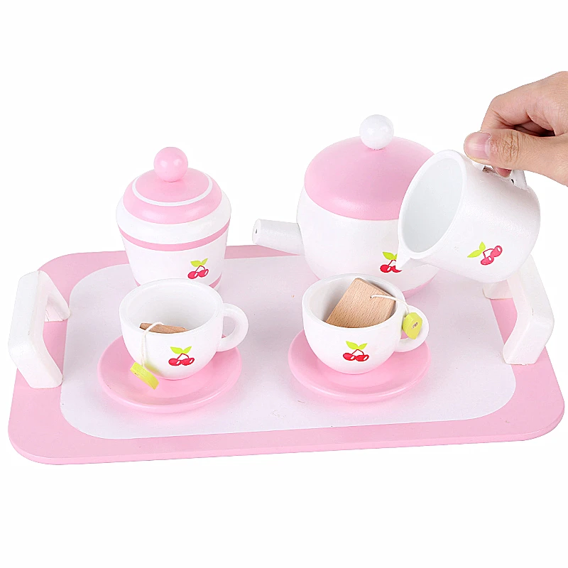 Wooden Pretend Play Toy Kitchen Accessory Kit Pink Tea Time Toy Set for Kids with Tea Cups Kettles Saucers Spoons Toy