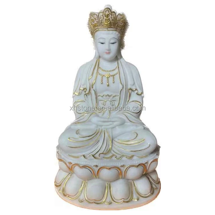 白玉の石像 座像 観音菩薩 女性仏像 瞑想する仏像 観音菩薩 仏教彫刻