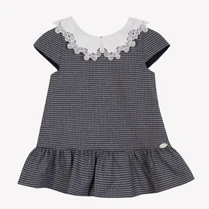 Preppy Style Summer Girls Dress with Half Flying Sleeve White Lace and Sailor Collar Knee-Length Black Baby Dress for Children