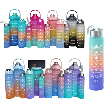 3 In 1 Set Gradient plastic outdoor sports water bottle 3 piece set water cup Water Bottles For Camping