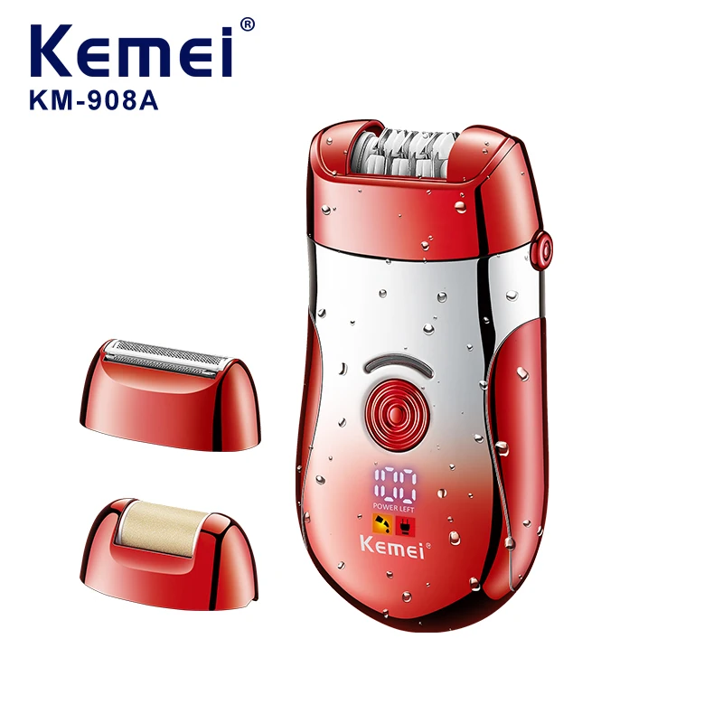 ماكينة إزالة الشعر للنساء Kemei Km-908A ماكينة حلاقة كهربائية قابلة لإعادة الشحن بمنفذ USB 3 في 1 لإزالة الشعر للنساء