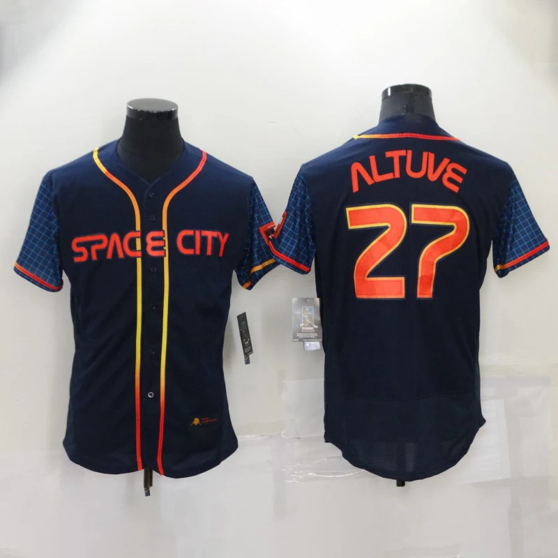Wholesale Men's baseball jersey Houston Team space city #27 Jose Altuve Navy  Alternate Replica Player Name Jersey baseball uniforms custom From  m.