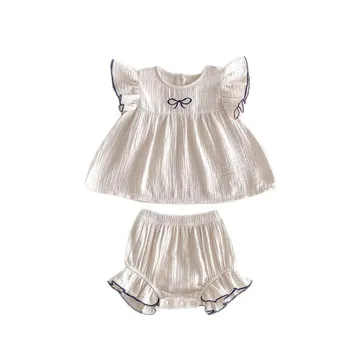 2025 Girls' Summer Casual Outfit New Korean Style Two-Piece Set Bow Embroidered Flutter Sleeve Top Shorts Solid Baby Suit