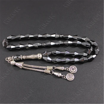 Factory Price 8*12mm Natural Black Hematite Stone Silver tassel Islamic Tasbih Prayer Beads Tasbeeh Muslim Rosary Ramadan Gift