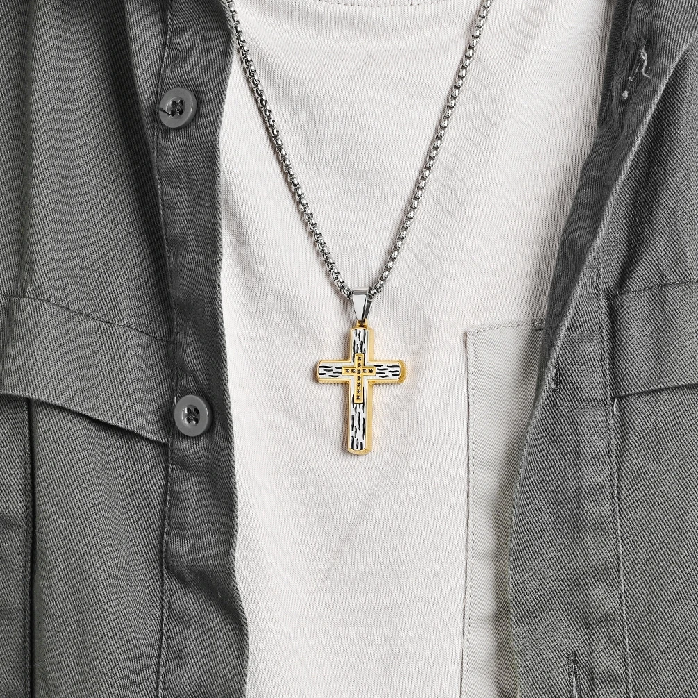 18K Gold Plated Pendant Hypoallergenic Christian Jewelry Cross Pendant Necklace Stainless Steel Diamond Cross Necklace for Men