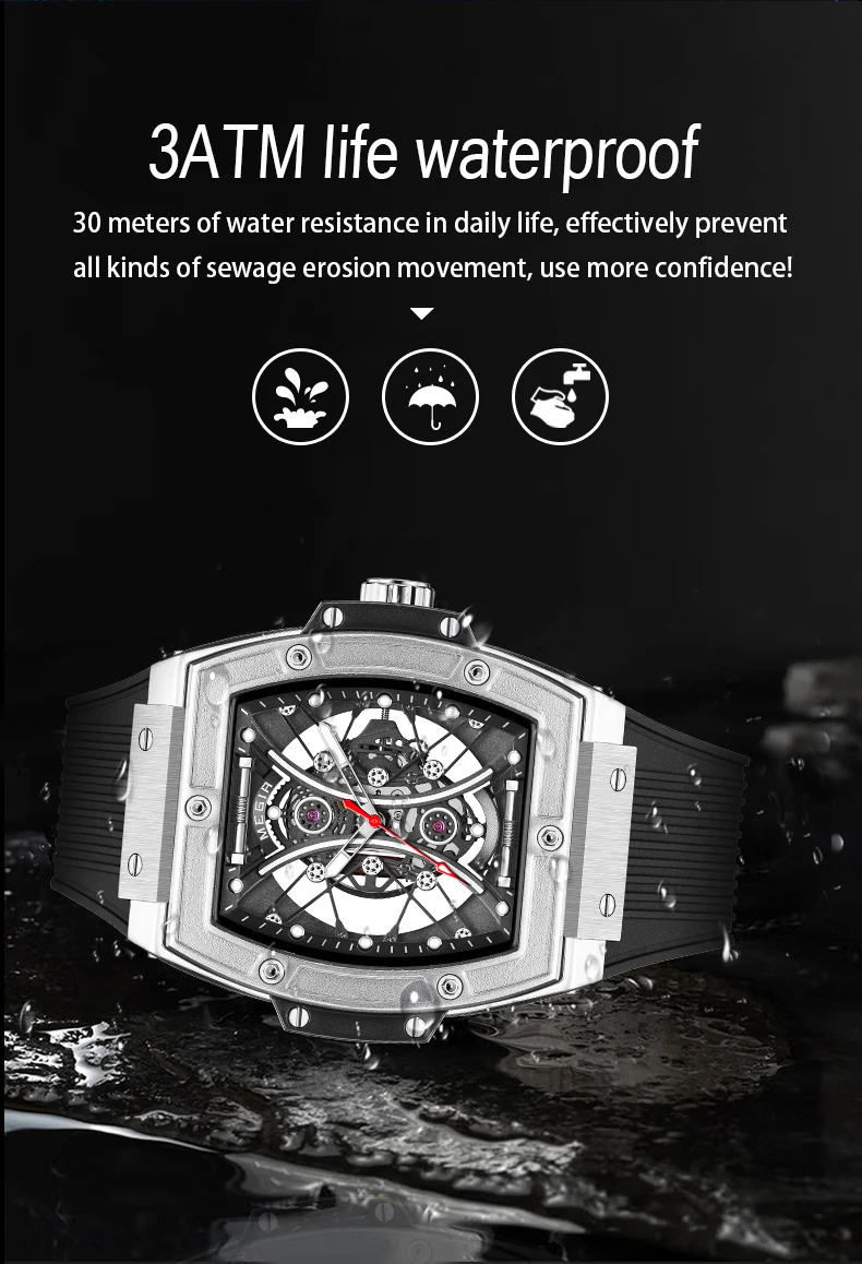 Megir 8109G 8109 Silicone Band Watch for Men Fashion Tonneau Clock Unique Dial Quartz Waterproof Luminous Chronograph Wristwatch