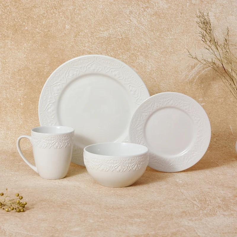 Hot-Selling 16-Piece Customizable Embossed Porcelain Tableware Set White Stoneware Dinner Plate Sets for Hotels