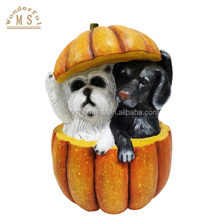 Baby Dog and Pumpkin Playing Statue Homedecor Puppy Resin Crafts Pumpkin Shape Gift for Harvest Festival and Thanksgiving Day