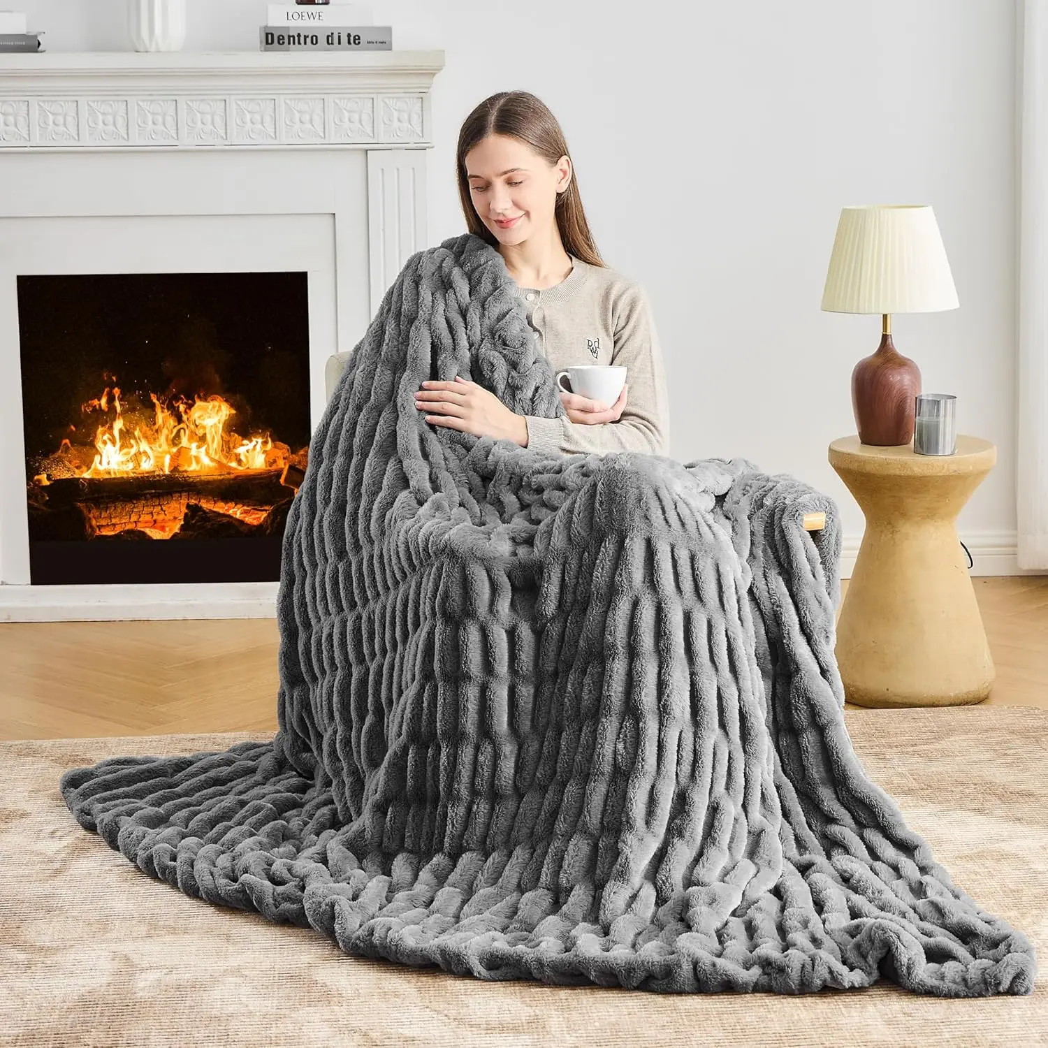 Custom Warm Rabbit Faux Fur Minky Plush Throw Blanket Dark Grey - Main Image