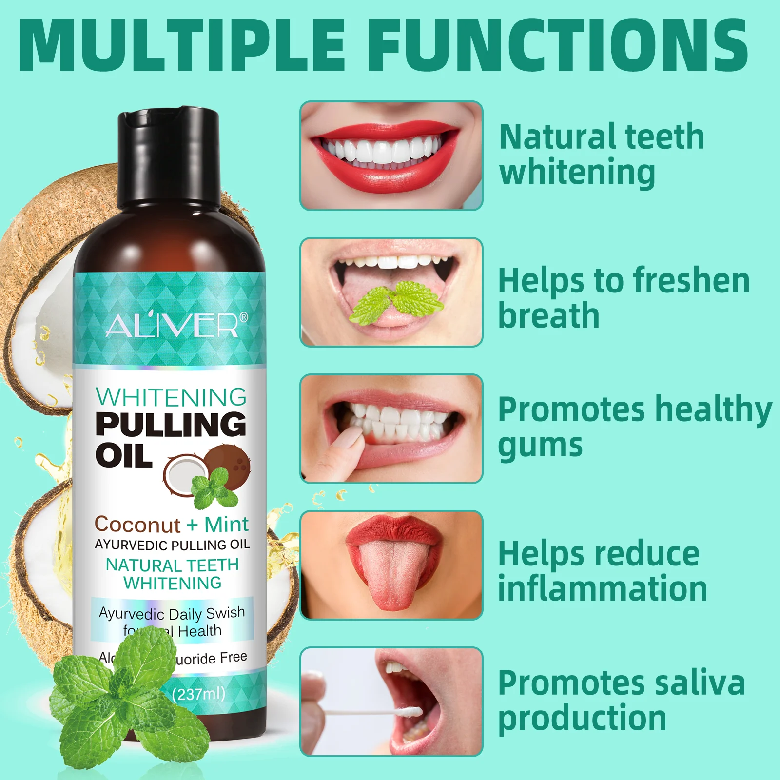 Private Label Natural Teeth Whitening Mouthwash Coconut Mint Oil