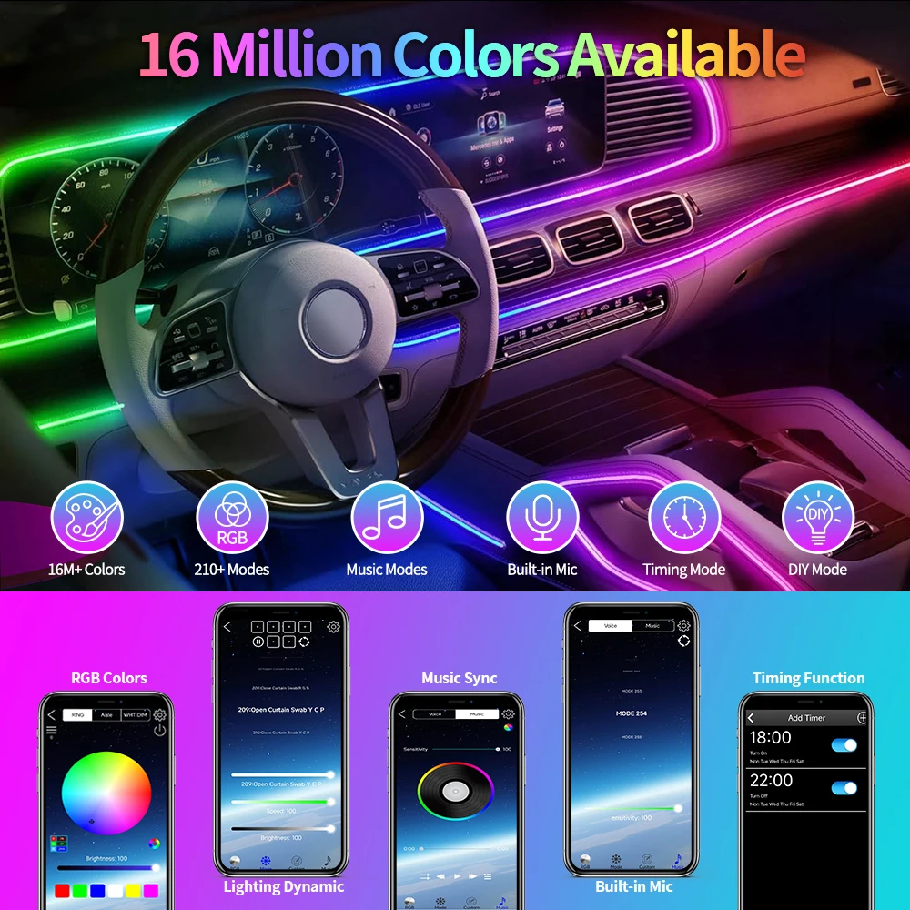 RGB Smart Strip Lights for Car Interior Ambient LED with APP & Remote Control Multicolor Decorative Lighting Kit for Vehicles