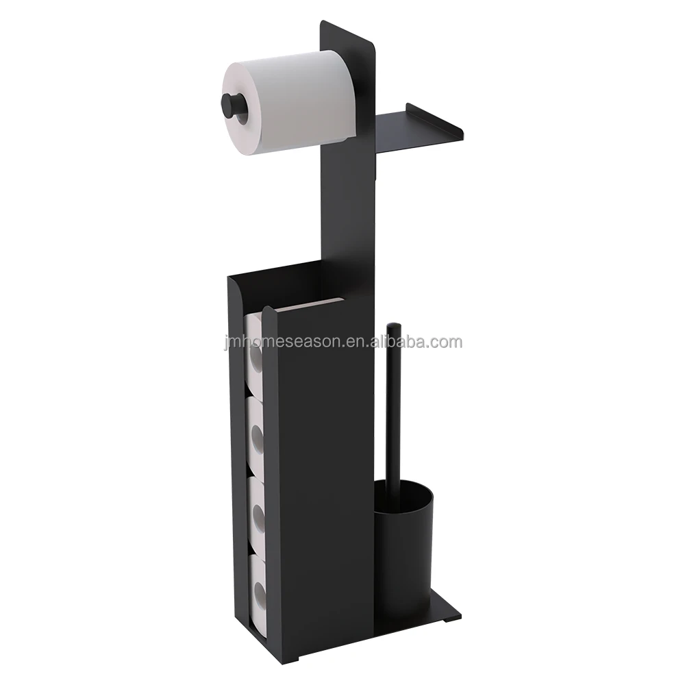 Black Toilet Brush And Toilet Paper Holder Stand With Phone Shelf For