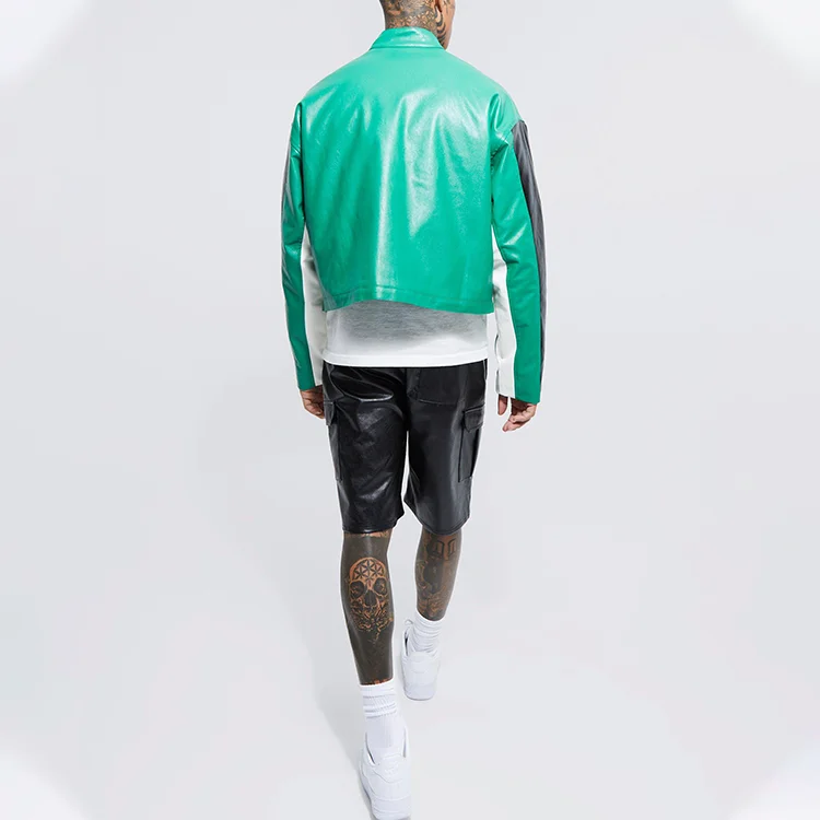 Boxy Funnel Neck Leather Jacket Men 100% Polyester Pu Spliced Applique Embroidered Zips Moto Jackets_voghion.com