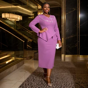 2026 New Women's Plus Size Office Lady Fashion Split V-neck Purple Slimming Long Sleeve City Office Dress