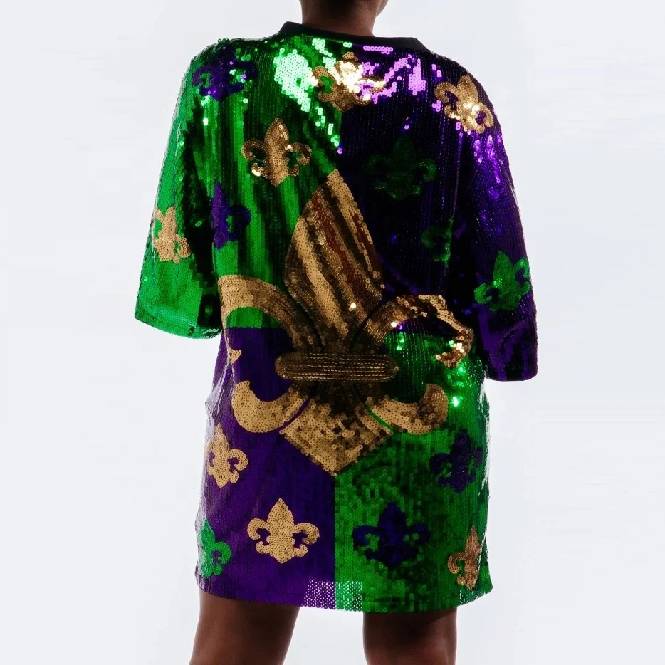 Mardi Gras Sequin Mid-sleeved T-shirt Dress