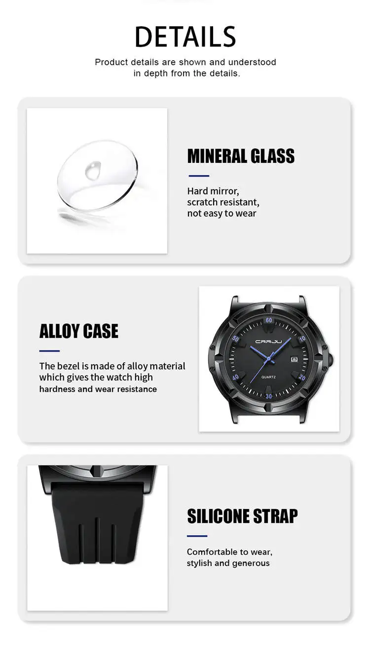 Crrju Watch 5030 Elegant Custom Logo Man Quartz Watch Stylish Silicone Band  Waterproof Date Display Character Casual Watch Set