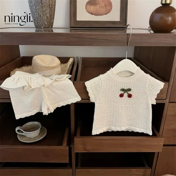 Korean Style Baby Clothes Summer New Knitted Baby Suit Breathable Short Sleeve Cherry Vest Lace Hollow Two Piece Set