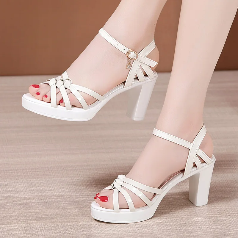 Ladies 8Cm Elegent Sandals Comfy Block Low Heel Ankle Strap Peep Toe Platform Chunky Wedge Heel Sandals Heeled Sandals for Women