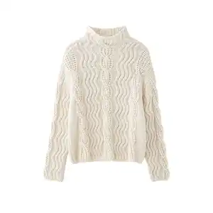 Cross-border European American Women's Clothing Explosion Winter Korean Fashion Joker Rice White Twist Turtleneck Sweater