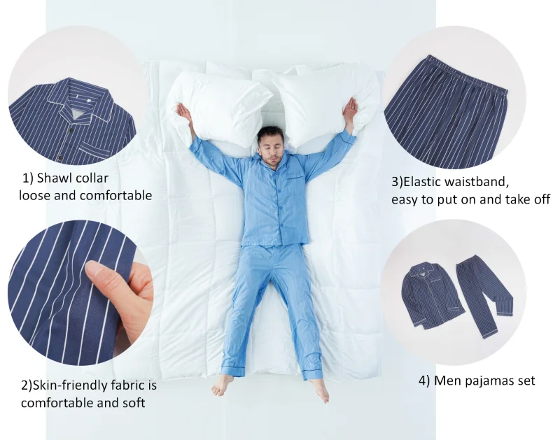 Men Pajamas Set Lounge Wear Long Sleeves Home Wear Pocket Soft Breathable Pajama