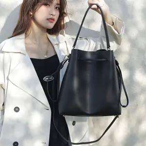 A-33 Women's Genuine Leather Bucket Bag Soft Large Capacity Tote Zip Closure Single Shoulder Handbag Genuine Leather Woman Bag